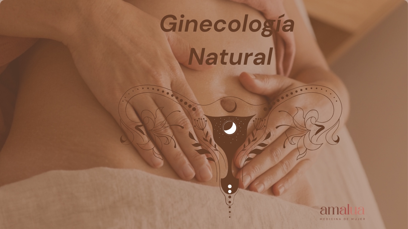 Ginecología Natural — manos formando un corazón sobre el vientre, con ilustración de útero y flores